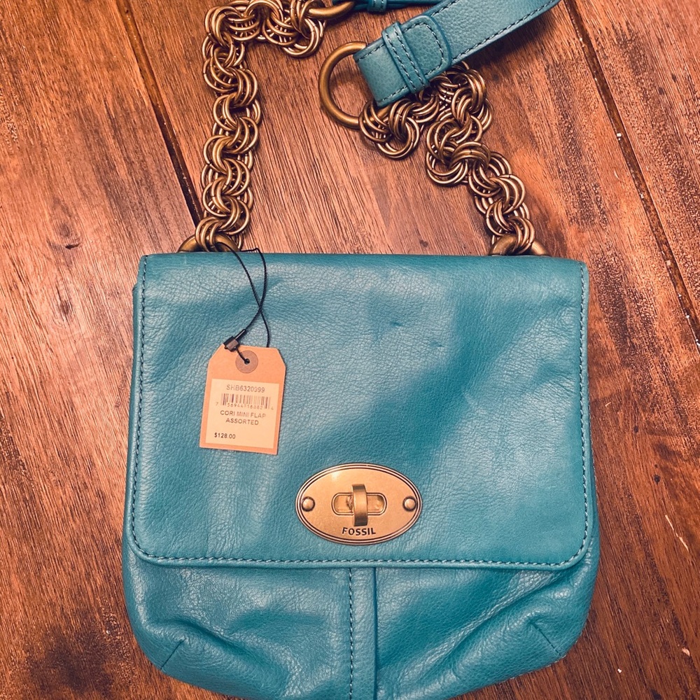 Leather teal Fossil Brand bag with gold accents